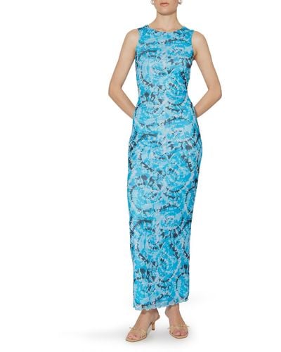 Something New Serena Print Sleeveless Mesh Maxi Dress - Blue