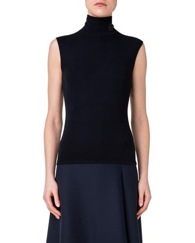 Akris Crystal Trapezoid Detail Sleeveless Cashmere & Silk Turtleneck Sweater - Blue