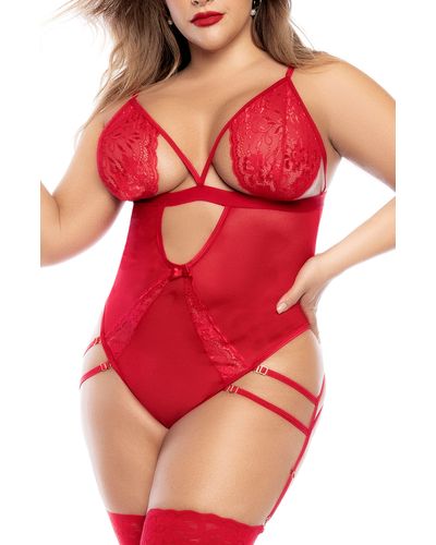MAPALE Cutout Lace Teddy & Garter Straps - Red