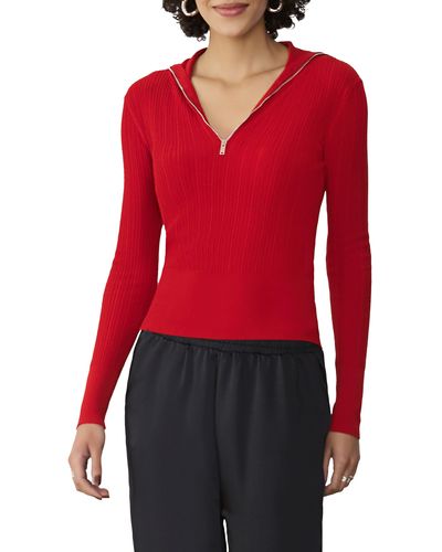 GSTQ Fine Rib Long Sleeve Quarter Zip Sweater - Red