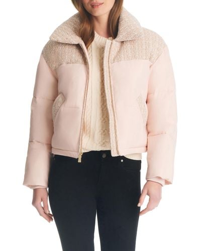 Kate Spade Crop Tweed Mix Media Puffer Jacket - Pink