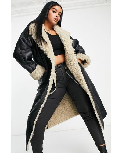 ASOS Curve Faux Shearling Trench Coat - Black