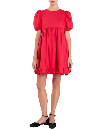 English Factory Corsage Puff Sleeve Babydoll Minidress - Red