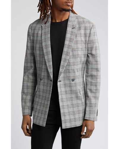 TOPMAN Skinny Check Cotton & Linen Suit Jacket - Gray