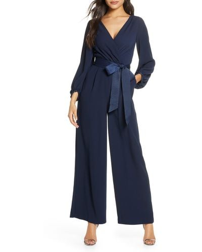 Eliza J Faux Wrap Long Sleeve Jumpsuit - Blue