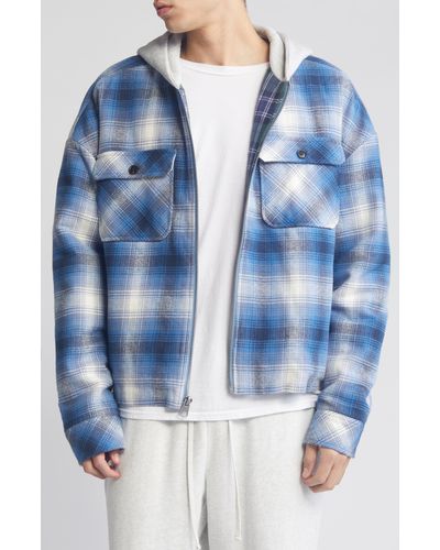 Elwood Oversize Plaid Flannel Hooded Zip Jacket - Blue