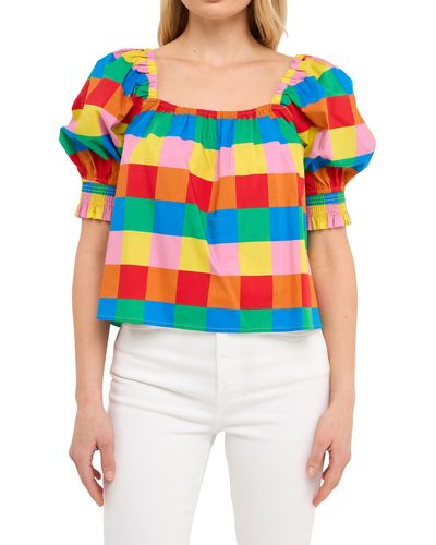 English Factory Rainbow Check Puff Sleeve Cotton Top - Red