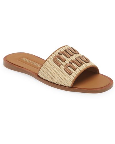 Miu Miu Logo Raffia Slide Sandal - Brown