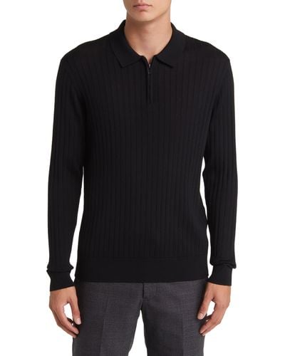 Emporio Armani Virgin Wool Rib Quarter Zip Sweater - Black