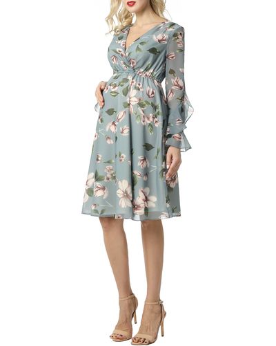 Kimi + Kai Floral Print Long Sleeve Chiffon Maternity Dress - Blue