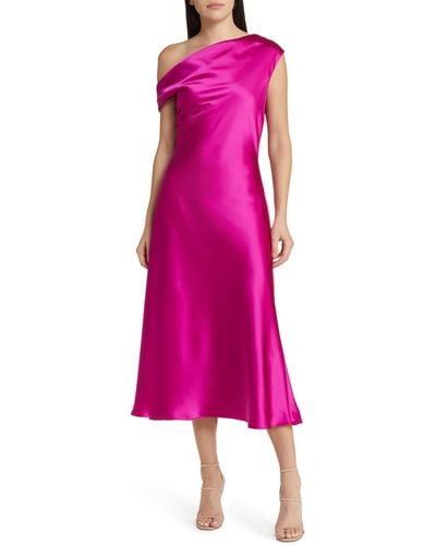 Amsale One-shoulder Satin Midi Dress - Pink