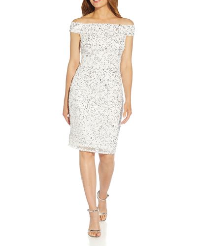 Adrianna Papell Beaded Off The Shoulder Mesh Cocktail Dress - White