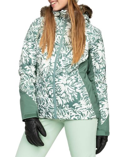 Roxy Jet Ski Premium Snow Jacket With Removable Faux Fur Trim And Hood - Green