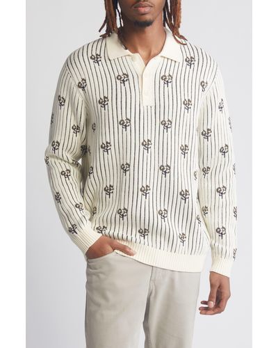 Percival Picnic Floral Jacquard Long Sleeve Cotton Polo Sweater - Gray
