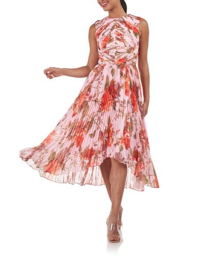 Kay Unger Bea Floral Print Pleated Midi Dress - Red