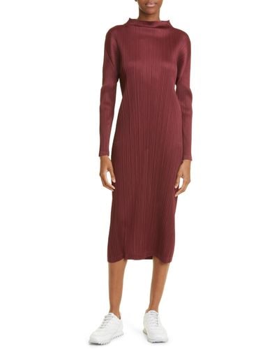 Pleats Please Issey Miyake Monthly Colors October Pleated Long Sleeve Midi Dress - Red