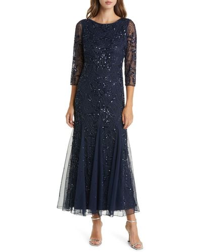Pisarro Nights Illusion Sleeve Beaded A-line Gown - Blue