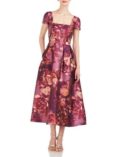 Kay Unger Tierney Floral Midi Dress - Red