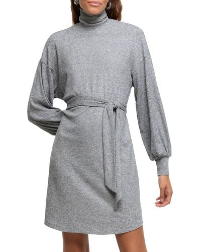 River Island Turtleneck Long Sleeve Thermal Knit Dress - Gray