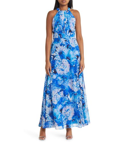 Eliza J Floral Halter Neck Chiffon Maxi Dress - Blue