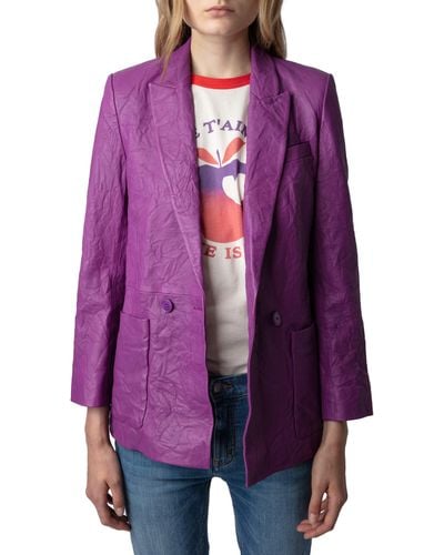 Zadig & Voltaire Visko Crushed Leather Double Breasted Jacket - Purple