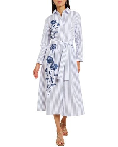 Misook Floral Embroidered Long Sleeve Midi Shirtdress - Blue