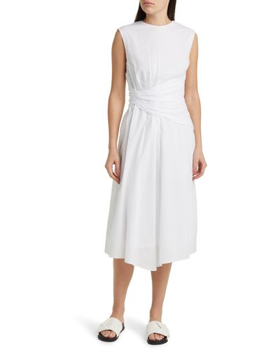 FRAME Ruched Sleeveless Cotton Midi Dress - White