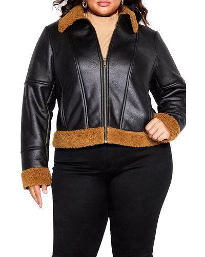 City Chic Meredith Faux Fur Trim Faux Leather Jacket - Black