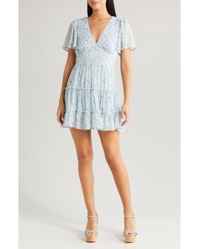 All In Favor Floral Print Tiered Minidress In At Nordstrom, Size Medium - Blue