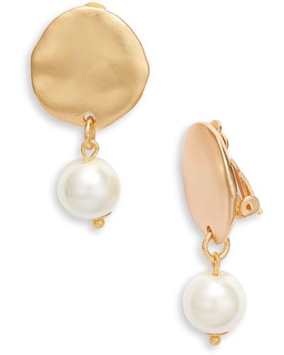 Karine Sultan Hammered Disc Imitation Pearl Clip-on Drop Earrings - White