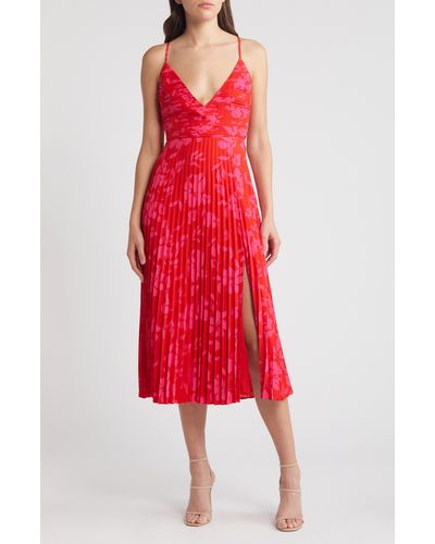 Lulus Vibrant Moment Floral Pleated Midi Cocktail Dress - Red