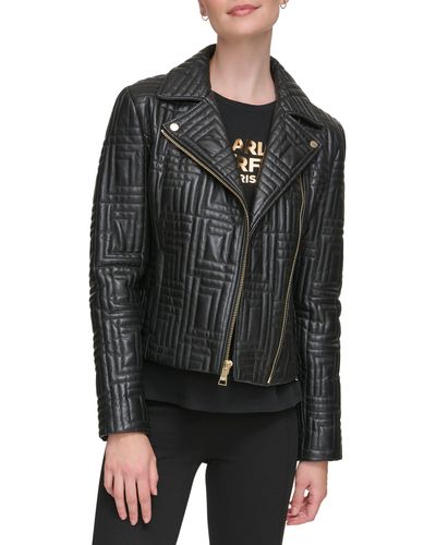 Karl Lagerfeld Double Quilted Leather Moto Jacket - Black