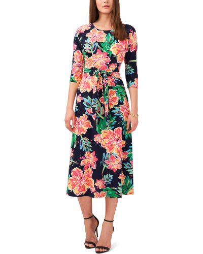 Chaus Floral Tie Front Three-quarter Sleeve Midi Dress - Red