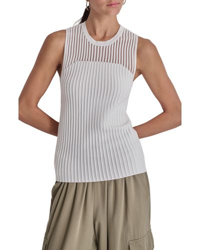 DKNY Stripe Sheer Yoke Sleeveless Sweater - White