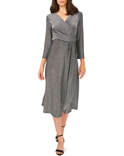 Chaus Three-quarter Sleeve Faux Wrap Midi Dress - Gray