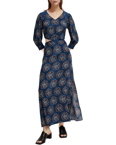 Scotch & Soda Floral Long Sleeve Cutout Waist Maxi Dress - Blue