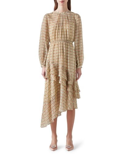 LK Bennett Bea Print Ruffle Asymmetric Long Sleeve Silk Midi Dress - Natural