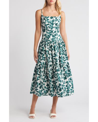 Moon River Floral Tiered Cotton Dress - Green