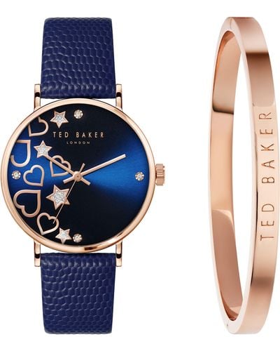 Ted Baker Phylipa Leather Strap Watch & Bangle Bracelet Set - Blue