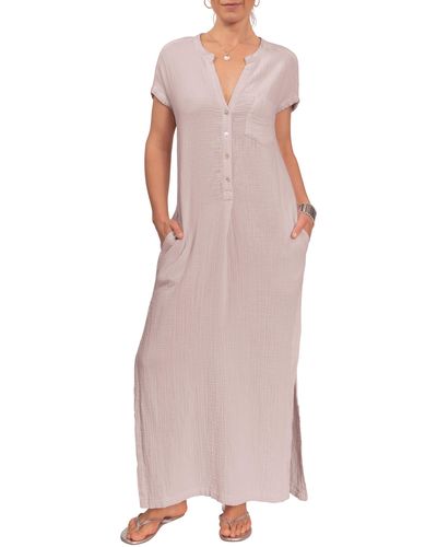 EVERYDAY RITUAL Stacey Split Neck Cotton Caftan - Pink