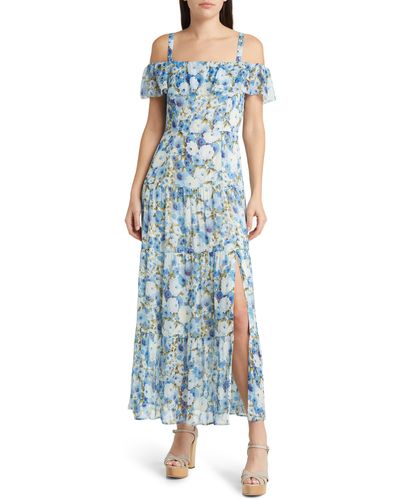 PAIGE Carmelia Floral Cold Shoulder Silk Maxi Dress - Blue
