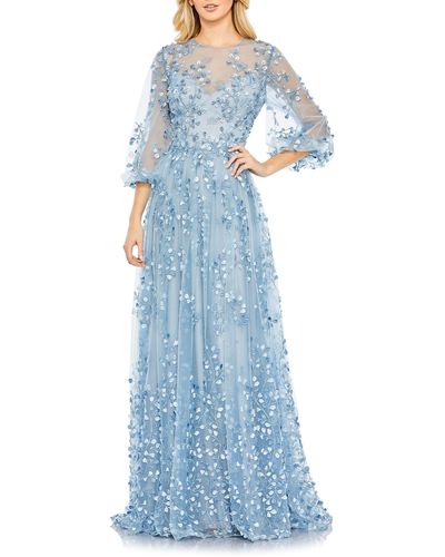 Mac Duggal Embroidered Puff Sleeve A-line Gown - Blue