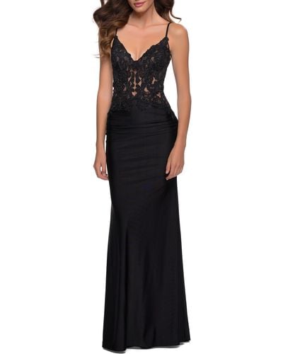 La Femme Shiny Lace Gown - Black