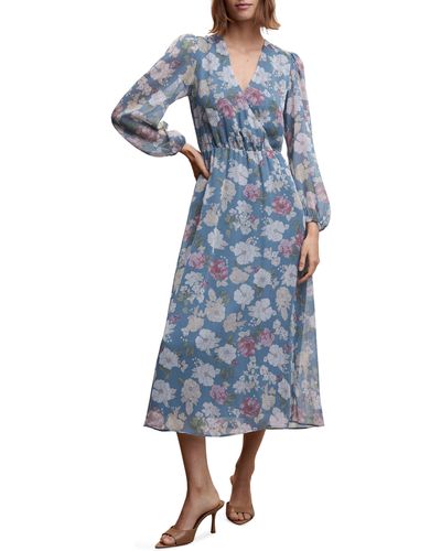 Mango Floral Long Sleeve Chiffon Dress - Blue
