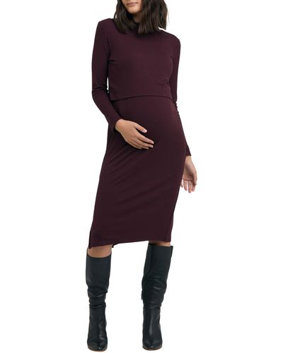 Ripe Maternity Ruby Layered Rib Long Sleeve Maternity/nursing Dress - Purple