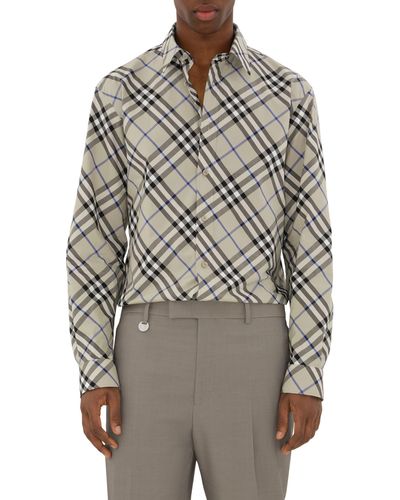 Burberry Check Long Sleeve Cotton Poplin Button-up Shirt - Gray