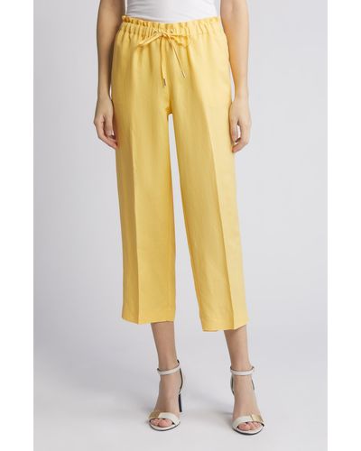 Anne Klein Linen Blend Crop Wide Leg Drawstring Pants - Yellow