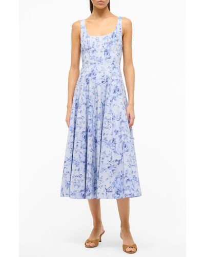 STAUD Wells Floral Print Stretch Cotton Midi Dress - Blue