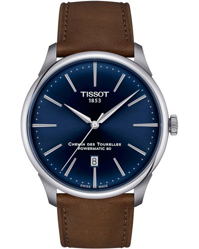 Tissot Chemin Des Tourelles Powermatic 80 Leather Strap Watch - Blue