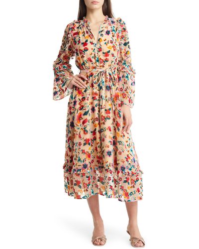 French Connection Avery Burnout Tie Waist Long Sleeve Maxi Dress - Multicolor